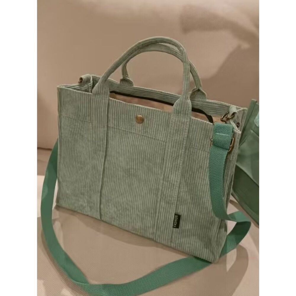 Corduroy Tote Bag Shoulder Bag Sage Green Book Bag Zip Closure Removable Strap
